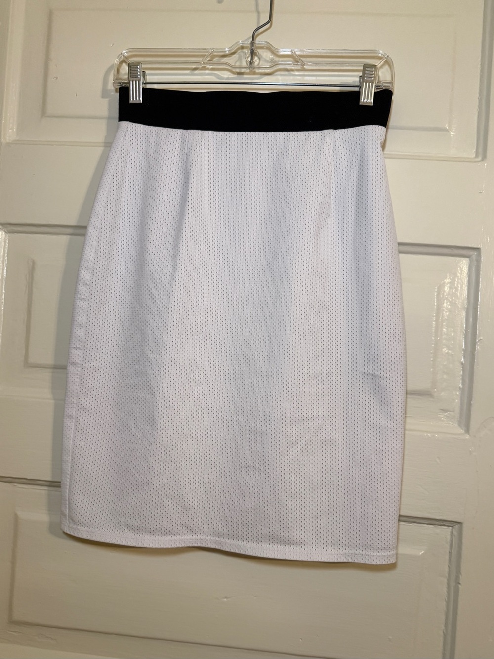 White Pencil Skirt with Modern Mesh Overlay & Black Waistband - Women's Skirt